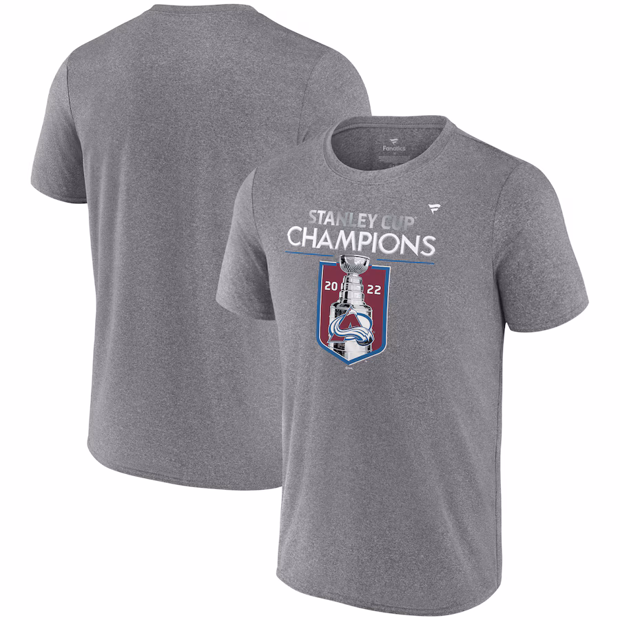 Men's Colorado Avalanche Fanatics Heathered Gray 2022 Stanley Cup Champions Locker Room Performance T-Shirt - Jersey