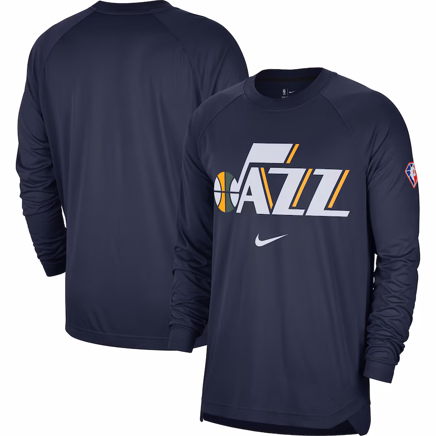 Men's Utah Jazz Nike Navy 75th Anniversary Pregame Shooting Performance Raglan Long Sleeve T-Shirt - Jersey