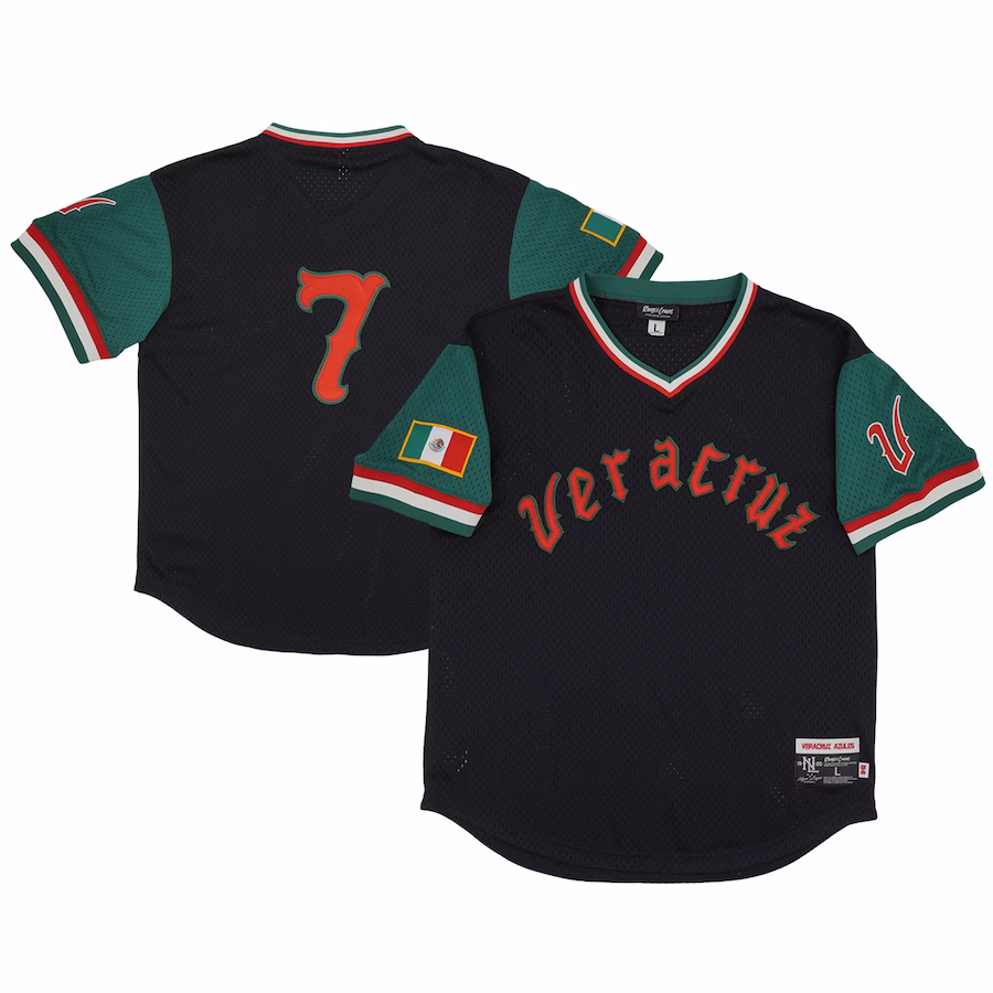 Men's Azules de Veracruz #7 Rings & Crwns Black/Green Mesh Replica V-Neck Jersey - Jersey