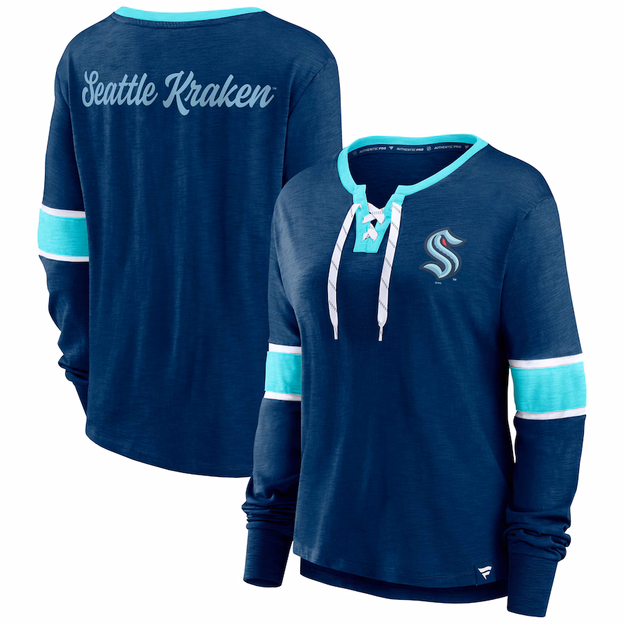Women's Seattle Kraken Fanatics Deep Sea Blue Effervescent Exclusive Lace-Up Long Sleeve T-Shirt - Jersey