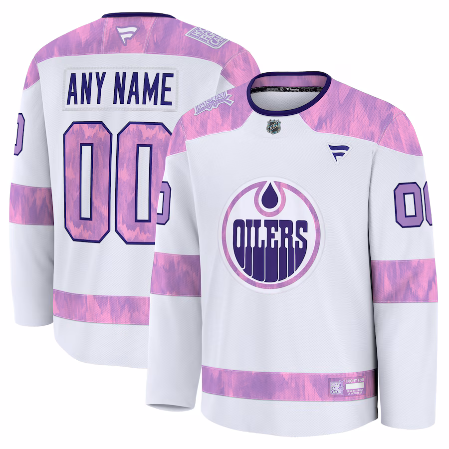 Men's Edmonton Oilers Fanatics White 2024 Hockey Fights Cancer Custom Practice Jersey - Jersey