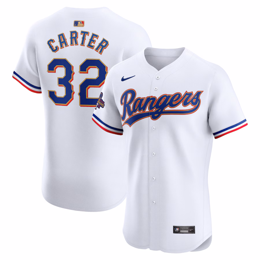 Men's Texas Rangers Evan Carter Nike White 2024 Gold Collection Elite Player Jersey - Jersey