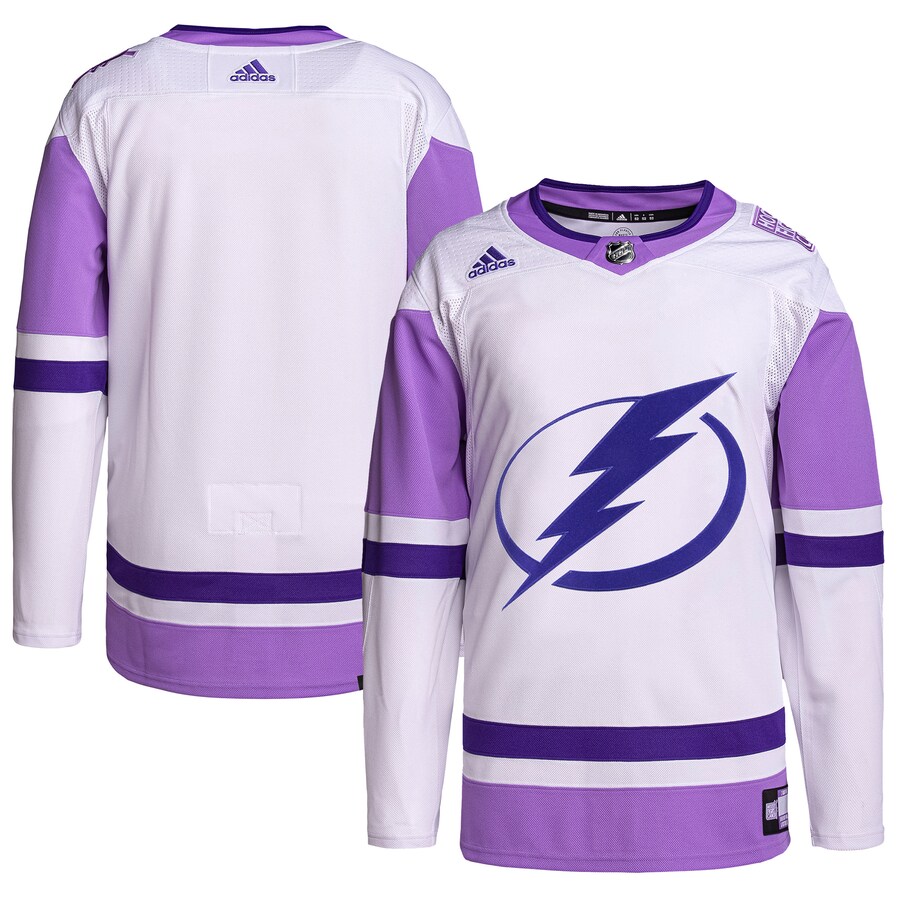 Men's Tampa Bay Lightning adidas White/Purple Hockey Fights Cancer Primegreen Authentic Blank Practice Jersey - Jersey