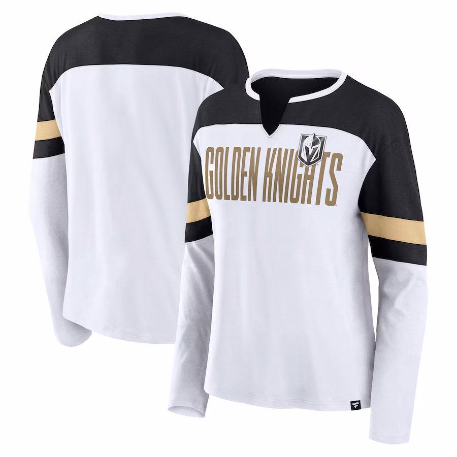 Women's Vegas Golden Knights Fanatics White/Black Frozen Long Sleeve Notch Neck T-Shirt - Jersey