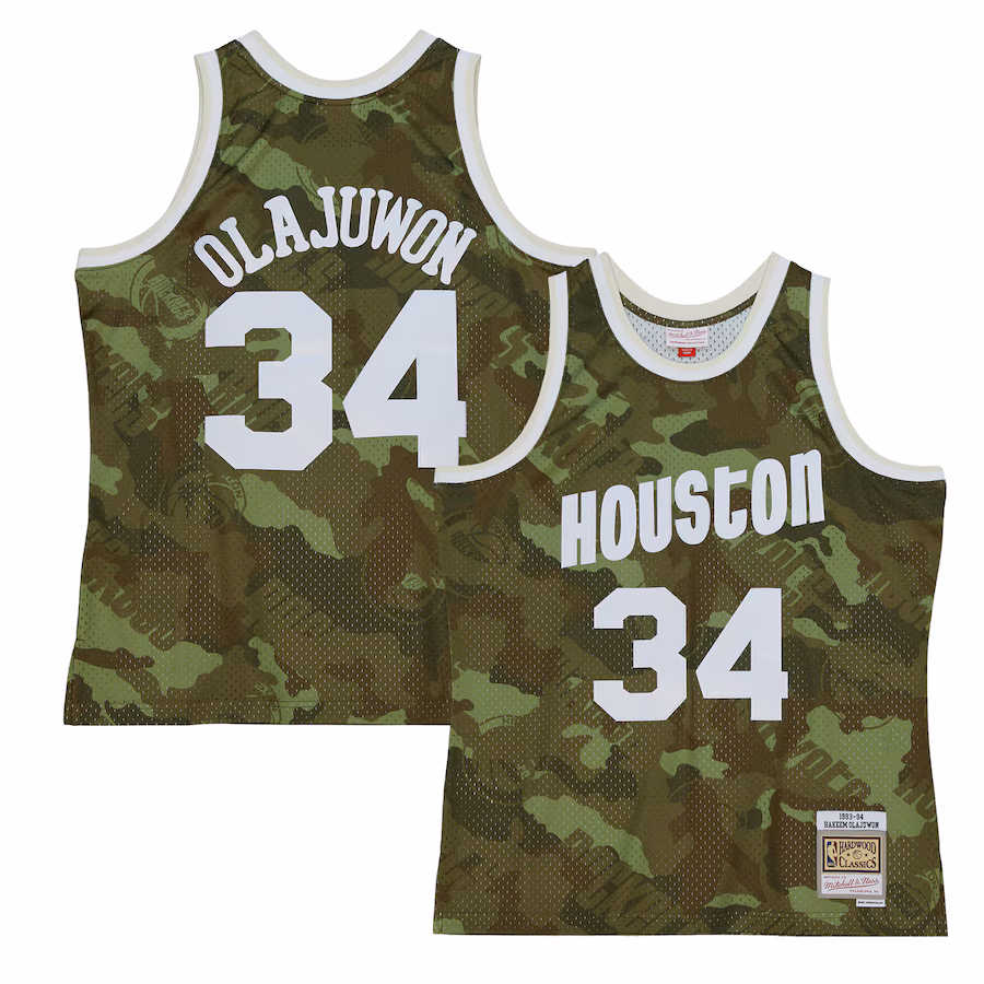 Men's Houston Rockets Hakeem Olajuwon Mitchell & Ness Camo Hardwood Classics 1993/94 Ghost Green Swingman Jersey - Jersey