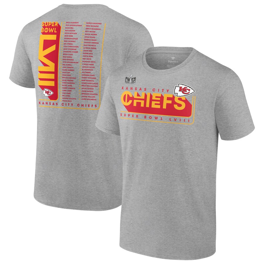 Men's Kansas City Chiefs Fanatics Heather Gray Super Bowl LVIII Team Members Roster T-Shirt - Jersey