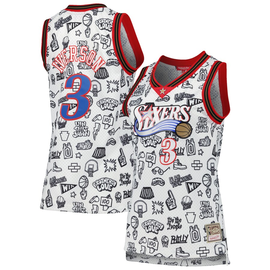 Women's Philadelphia 76ers Allen Iverson Mitchell & Ness White 2000 Doodle Swingman Jersey - Jersey