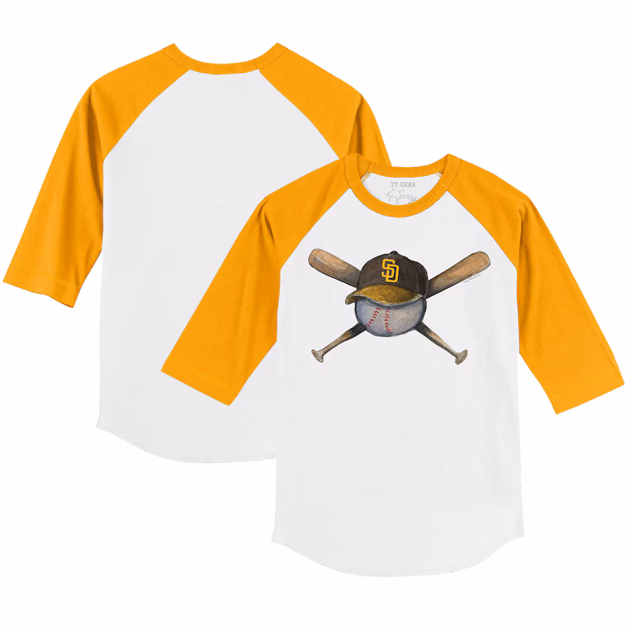 Youth San Diego Padres Tiny Turnip White/Gold Hat Crossbats 3/4-Sleeve Raglan T-Shirt - Jersey