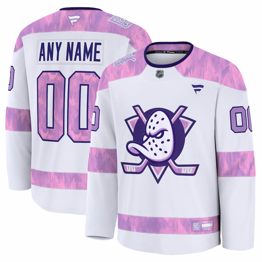 Men's Anaheim Ducks Fanatics White 2024 Hockey Fights Cancer Custom Practice Jersey - Jersey