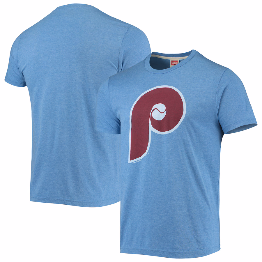Men's Philadelphia Phillies Homage Light Blue Hand-Drawn Logo Tri-Blend T-Shirt - Jersey