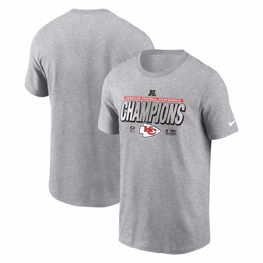 Men's Kansas City Chiefs  Nike Heather Gray 2024 AFC Champions Locker Room Trophy Collection Extended Sizes T-Shirt - Jersey