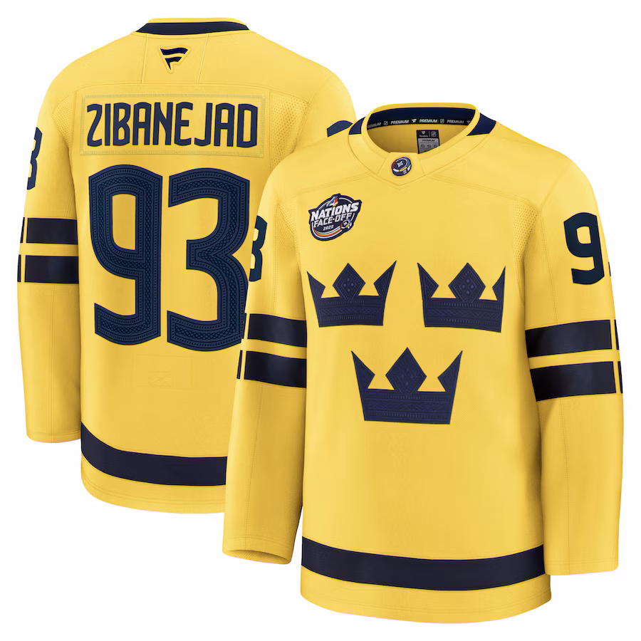 Men's Sweden Mika Zibanejad Fanatics Yellow 2025 4 Nations Face-Off Premium Jersey - Jersey