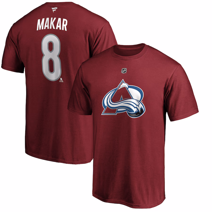 Men's Colorado Avalanche Cale Makar Fanatics Burgundy Authentic Stack Player Name & Number T-Shirt - Jersey