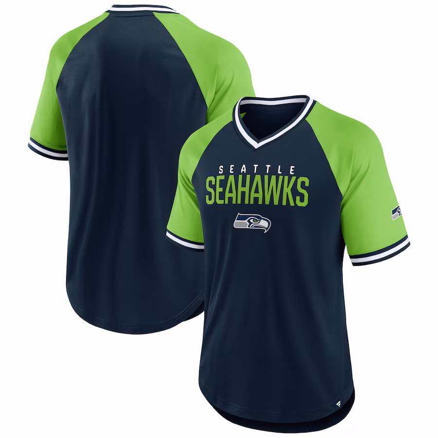 Men's Seattle Seahawks Fanatics College Navy/Neon Green Hashmark Raglan T-Shirt - Jersey