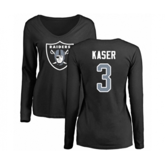 Football Women's Oakland Raiders #3 Drew Kaser Black Name & Number Logo Long Sleeve T-Shirt - Jersey