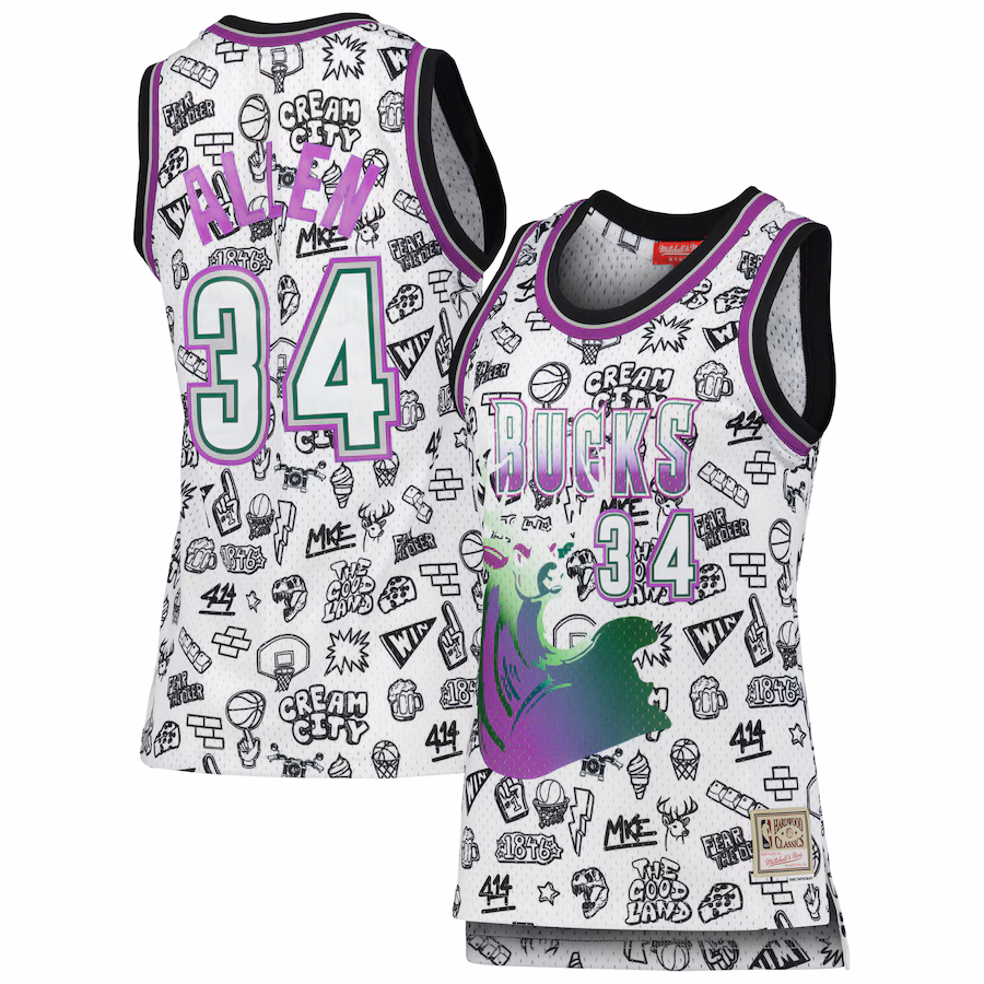 Women's Milwaukee Bucks Ray Allen Mitchell & Ness White 1996 Doodle Swingman Jersey - Jersey