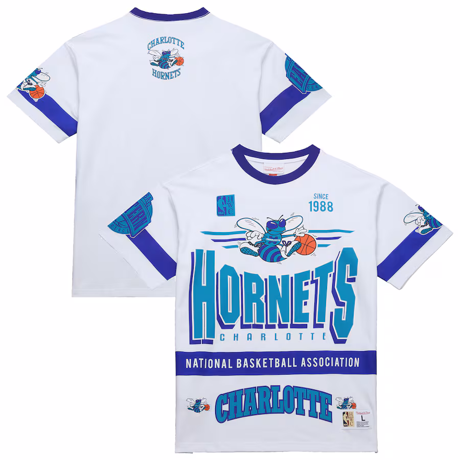 Unisex Charlotte Hornets  Mitchell & Ness White Hardwood Classics Vintage Team Origins Premium T-Shirt - Jersey