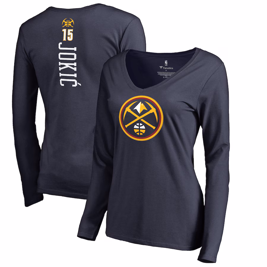 Women's Denver Nuggets Nikola Jokic Navy Team Backer Name & Number Long Sleeve V-Neck T-Shirt - Jersey