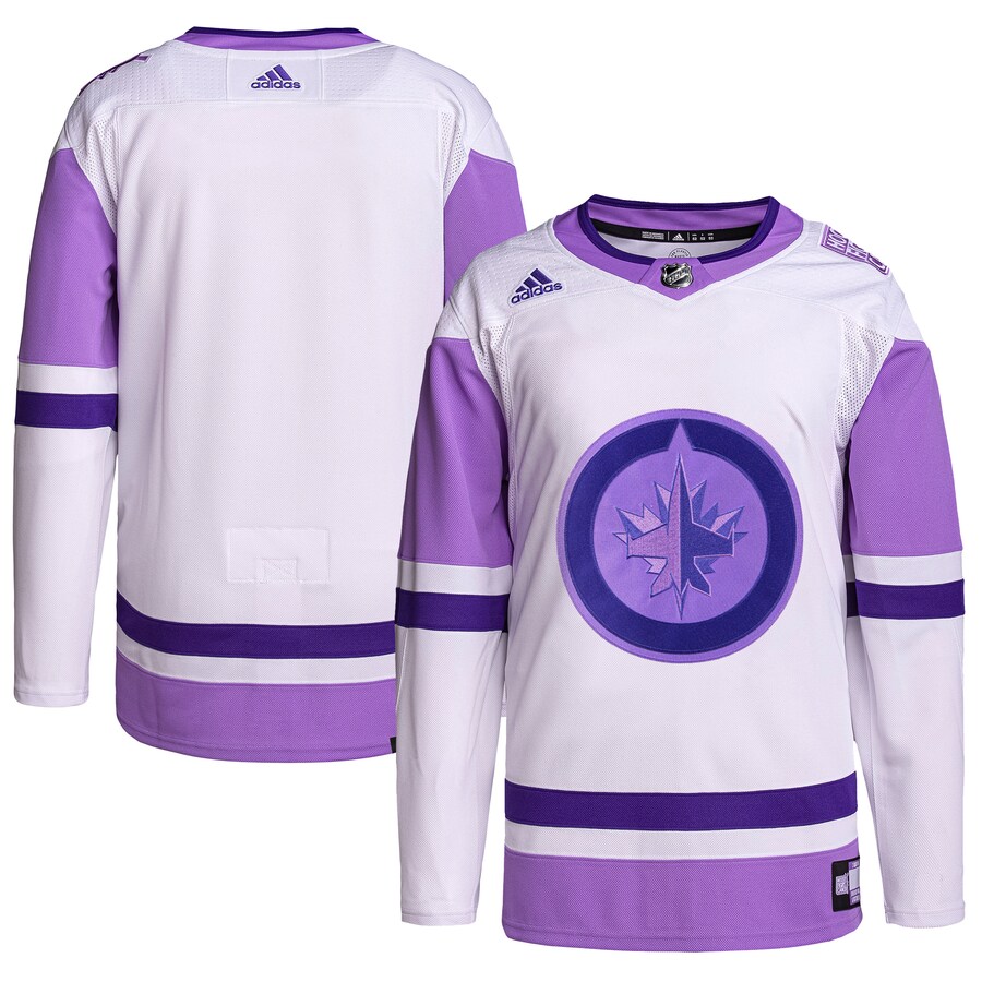 Men's Winnipeg Jets adidas White/Purple Hockey Fights Cancer Primegreen Authentic Blank Practice Jersey - Jersey