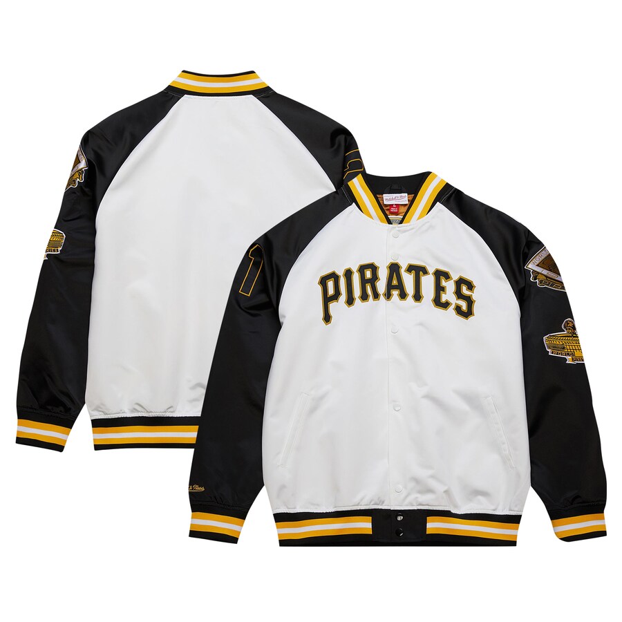 Men's Pittsburgh Pirates Roberto Clemente Mitchell & Ness White/Black Cooperstown Collection Legends Lightweight Satin Raglan Full-Snap Jacket - Jersey