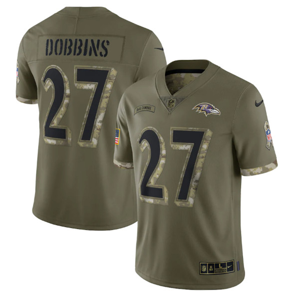 Men's Baltimore Ravens #27 J.K. Dobbins 2022 Olive Salute To Service Limited Stitched Jersey - Jersey