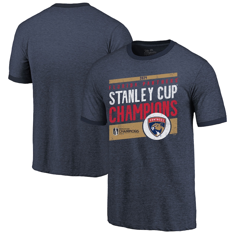 Men's Florida Panthers Majestic Threads Navy 2024 Stanley Cup Champions Tri-Blend Ringer T-Shirt - Jersey