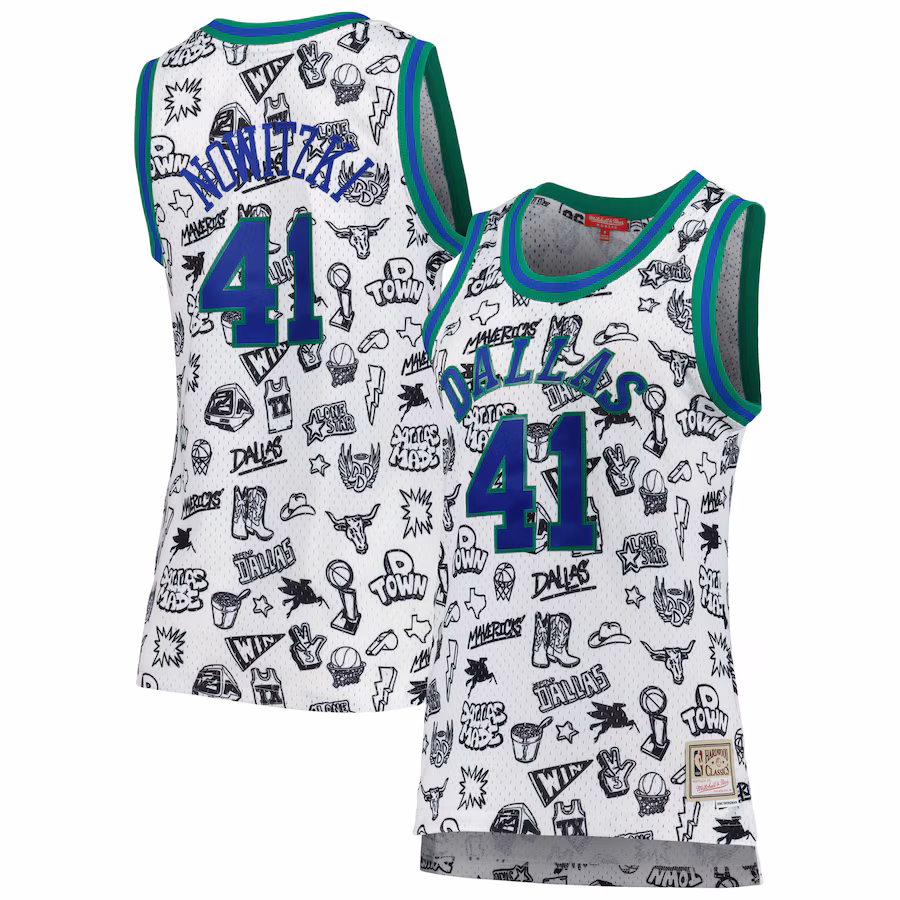 Women's Dallas Mavericks Dirk Nowitzki Mitchell & Ness White 1998 Doodle Swingman Jersey - Jersey