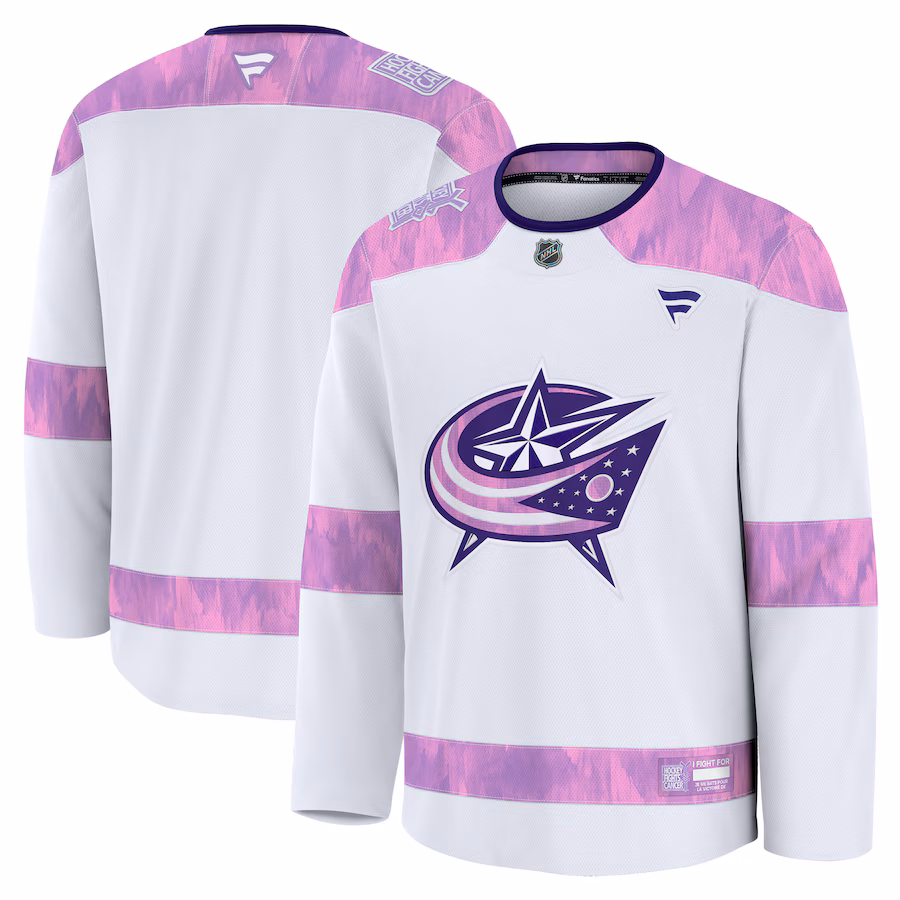 Men's Columbus Blue Jackets Fanatics White 2024 Hockey Fights Cancer Practice Jersey - Jersey