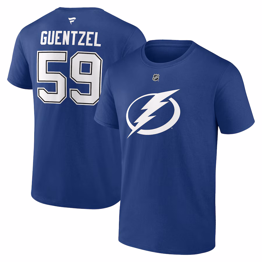Men's Tampa Bay Lightning Jake Guentzel Fanatics Blue Authentic Stack Name & Number T-Shirt - Jersey
