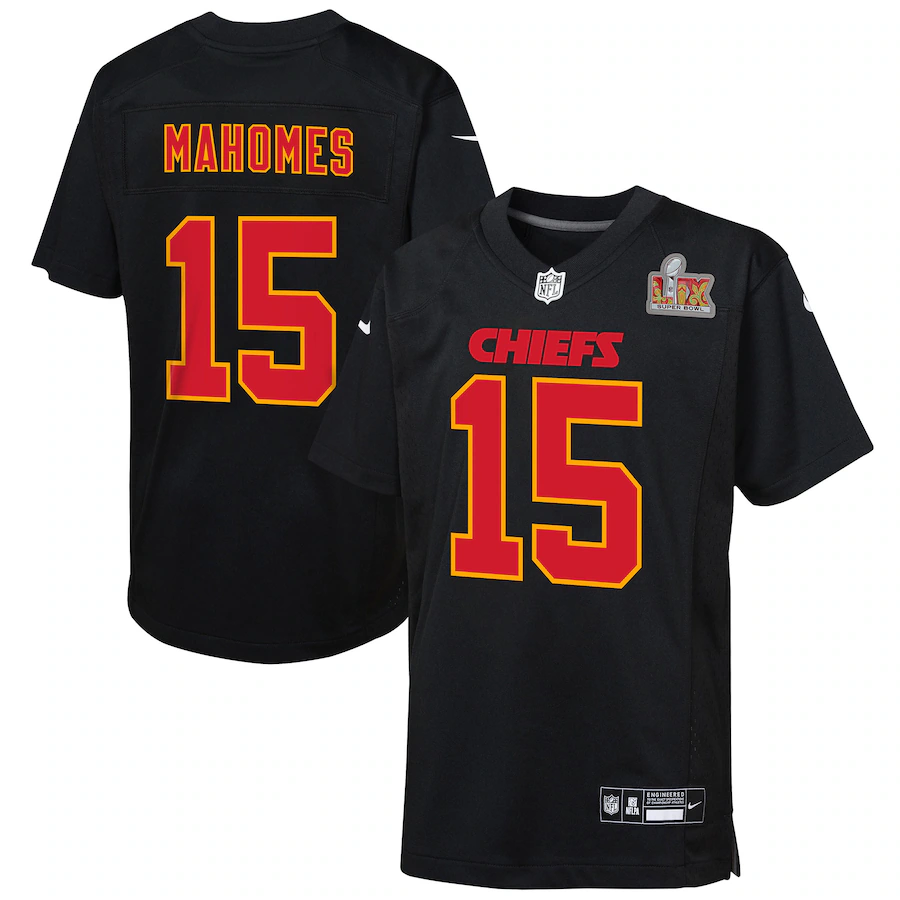 Youth Kansas City Chiefs Patrick Mahomes Nike Carbon Black Super Bowl LIX Patch Fashion Game Jersey - Jersey