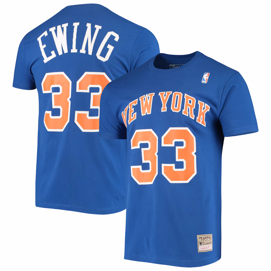 Men's New York Knicks Patrick Ewing Mitchell & Ness Blue Hardwood Classics Stitch Name & Number T-Shirt - Jersey