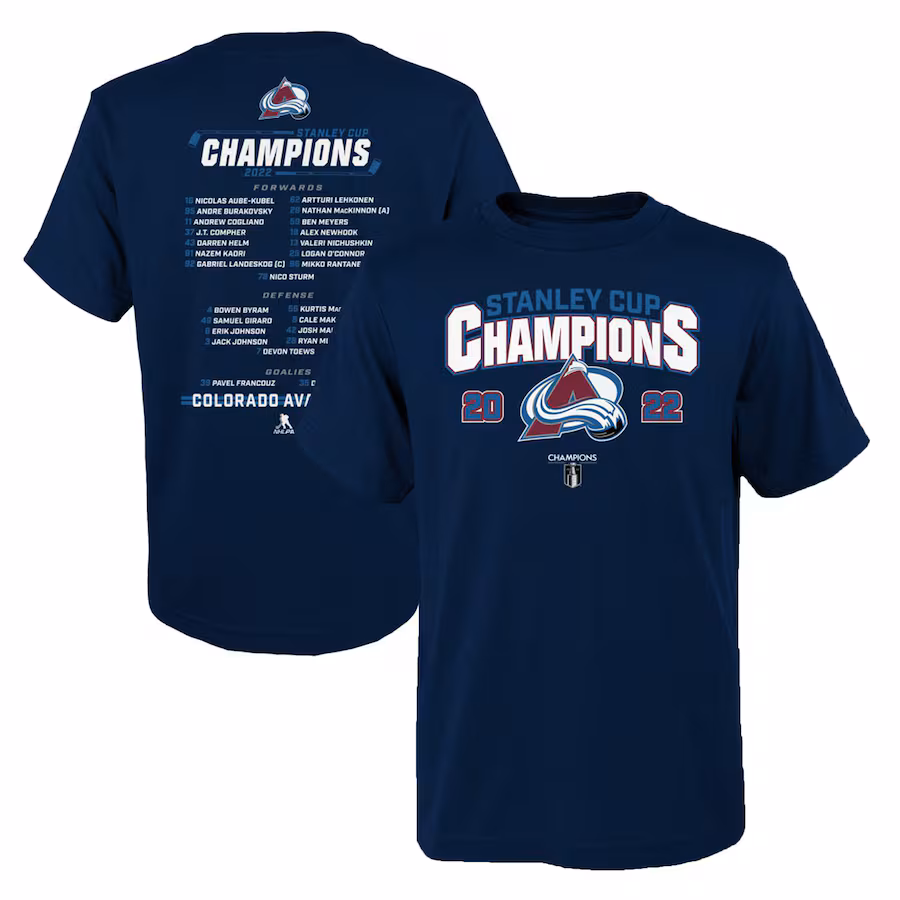 Youth Colorado Avalanche Fanatics Navy 2022 Stanley Cup Champions Roster T-Shirt - Jersey