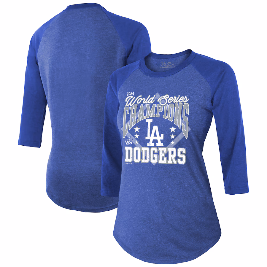 Women's Los Angeles Dodgers Majestic Threads Royal 2024 World Series Champions Tri-Blend 3/4-Sleeve Raglan T-Shirt - Jersey