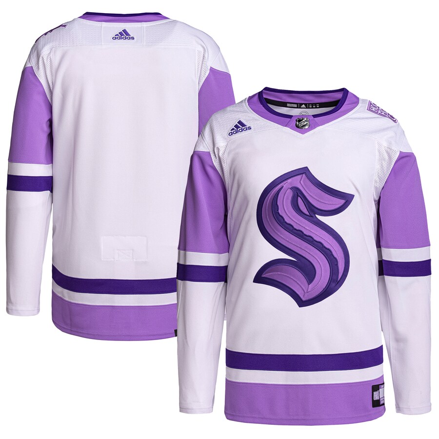 Men's Seattle Kraken adidas White/Purple Hockey Fights Cancer Primegreen Authentic Blank Practice Jersey - Jersey