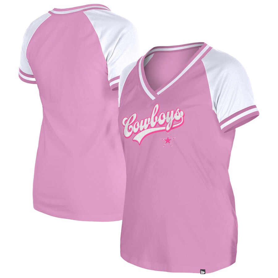 Women's Dallas Cowboys New Era Pink Color Multiplier Raglan V-Neck T-Shirt - Jersey