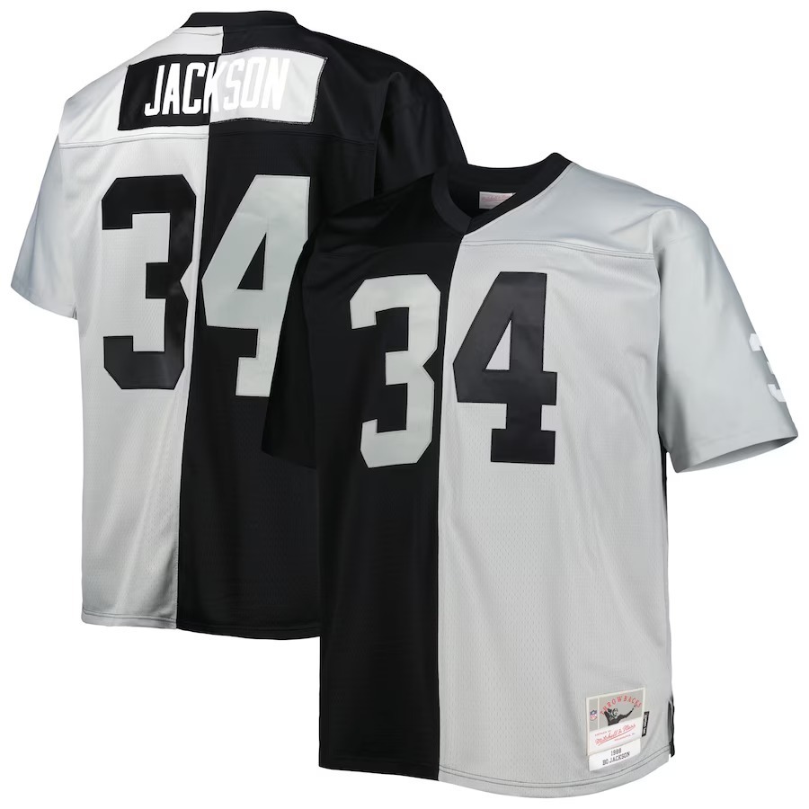 Men's Las Vegas Raiders Bo Jackson Mitchell & Ness Black/Silver Big & Tall Split Legacy Retired Player Replica Jersey - Jersey