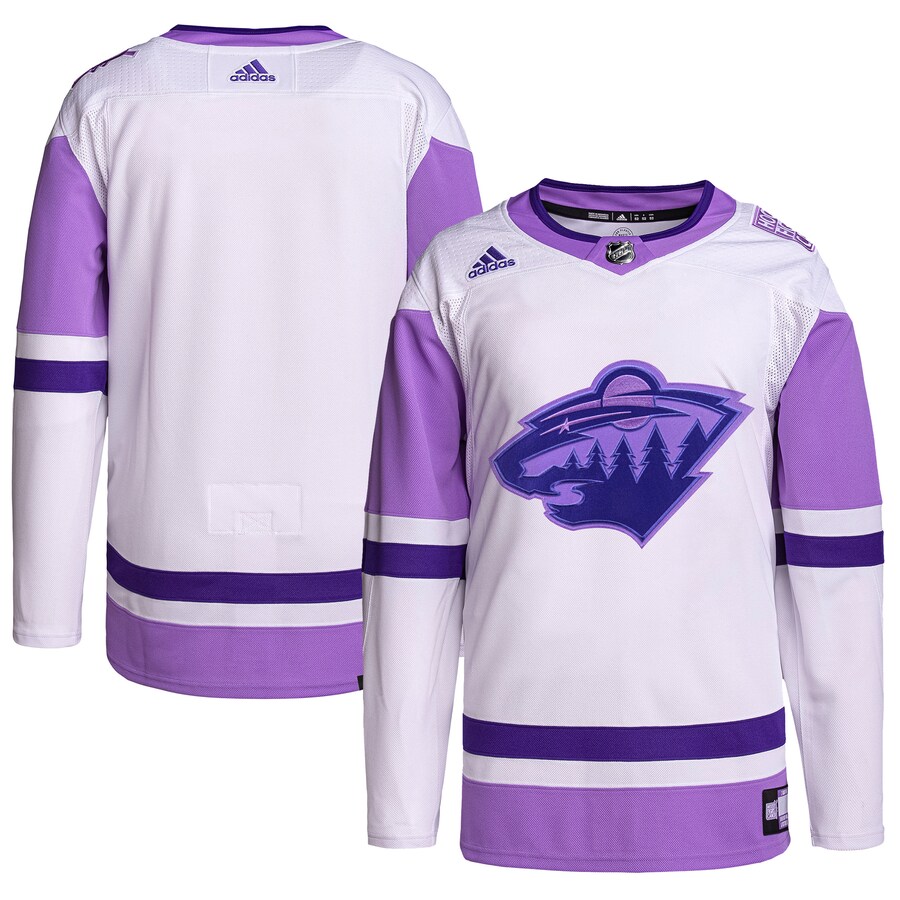Men's Minnesota Wild adidas White/Purple Hockey Fights Cancer Primegreen Authentic Blank Practice Jersey - Jersey