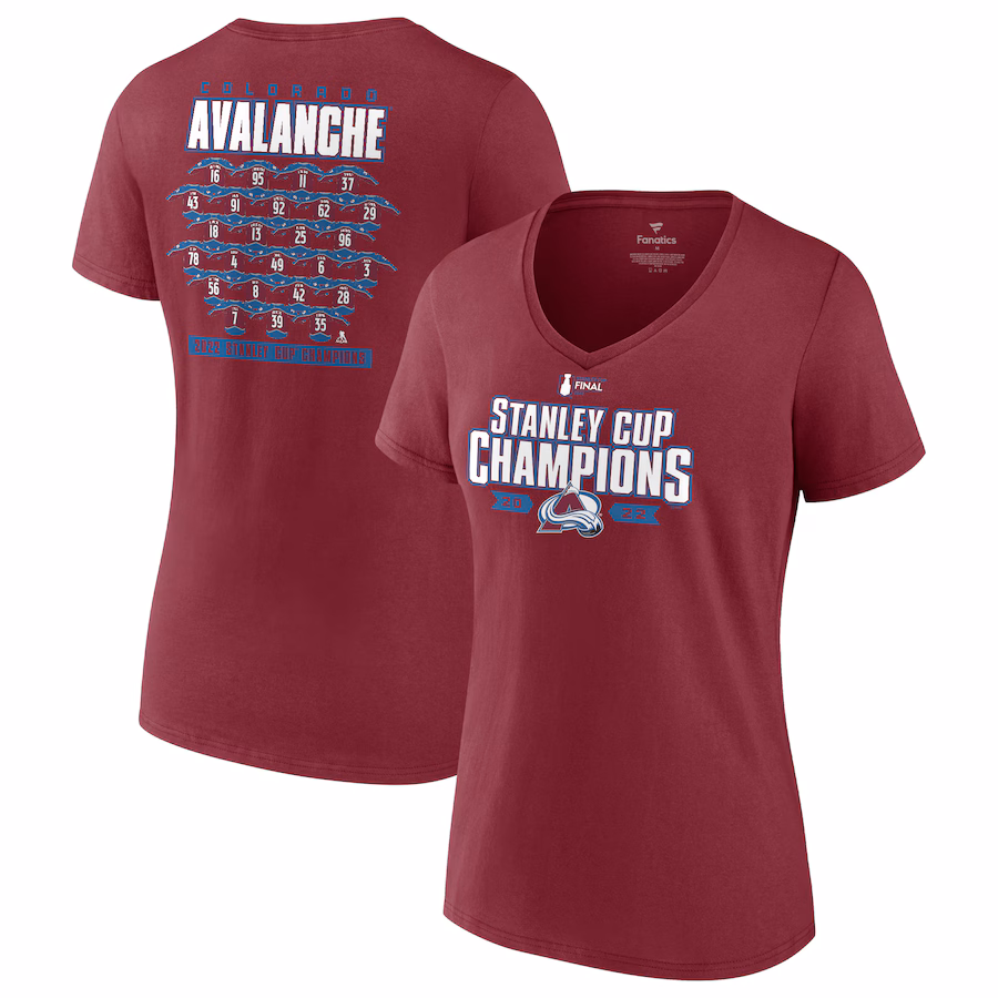 Women's Colorado Avalanche Fanatics Burgundy 2022 Stanley Cup Champions Jersey Roster V-Neck T-Shirt - Jersey