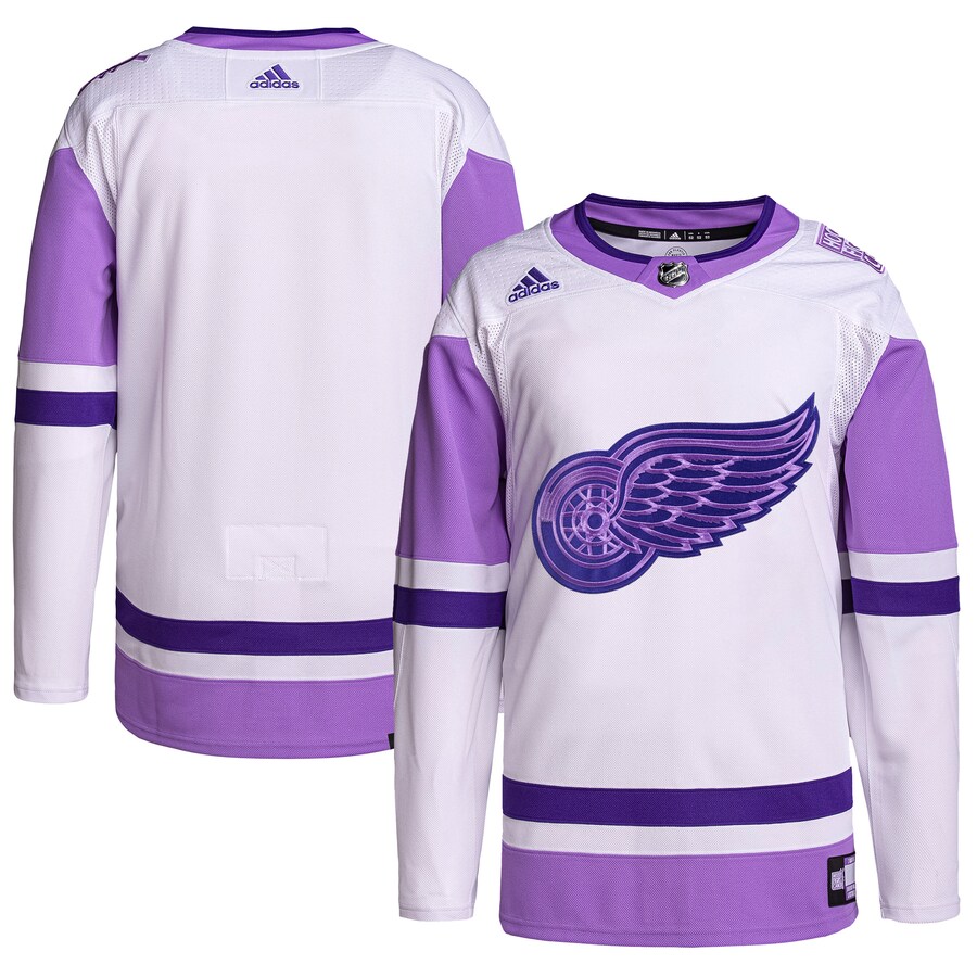 Men's Detroit Red Wings adidas White/Purple Hockey Fights Cancer Primegreen Authentic Blank Practice Jersey - Jersey