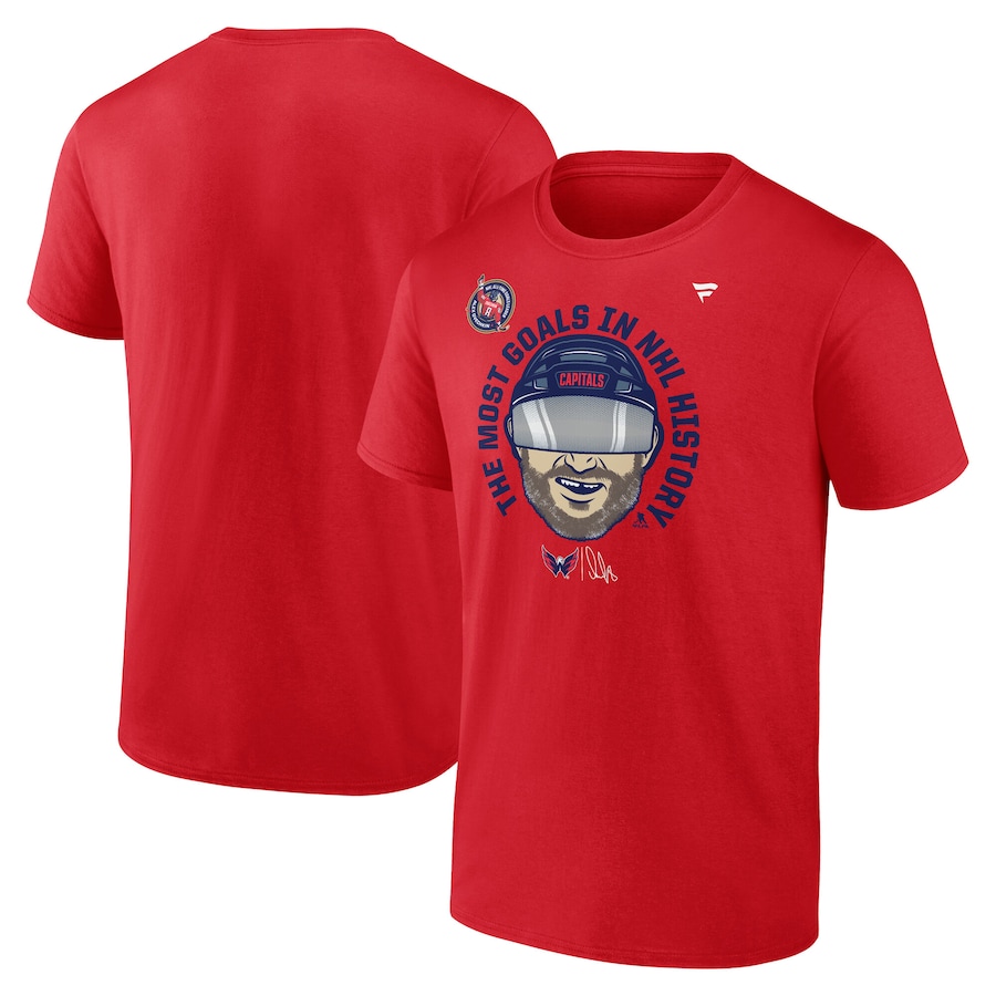 Men's Washington Capitals Alexander Ovechkin Fanatics Athletic Red NHL All-Time Leading Goal Scorer Caricature T-Shirt - Jersey