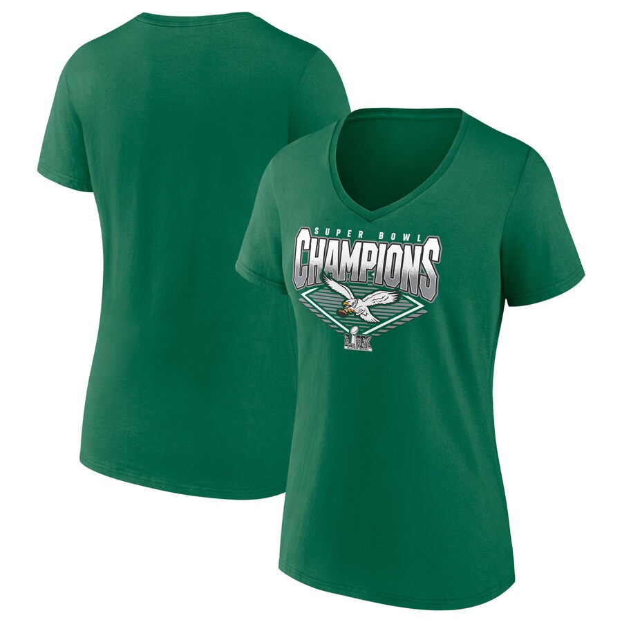 Women's Philadelphia Eagles  Fanatics Kelly Green Super Bowl LIX Champions Retro Diamond V-Neck T-Shirt - Jersey