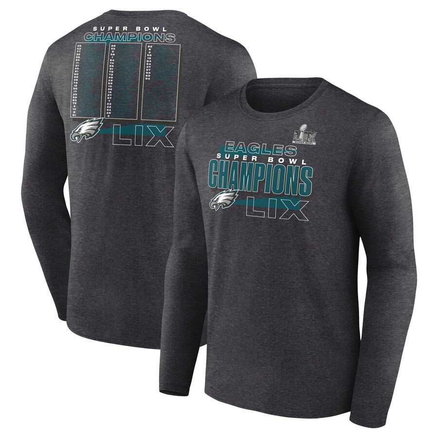 Men's Philadelphia Eagles Fanatics Heather Charcoal Super Bowl LIX Champions Roster Long Sleeve T-Shirt - Jersey