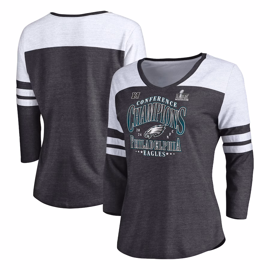 Women's Philadelphia Eagles Fanatics Heather Charcoal 2024 NFC Champions Tri-Blend 3/4 Sleeve V-Neck T-Shirt - Jersey