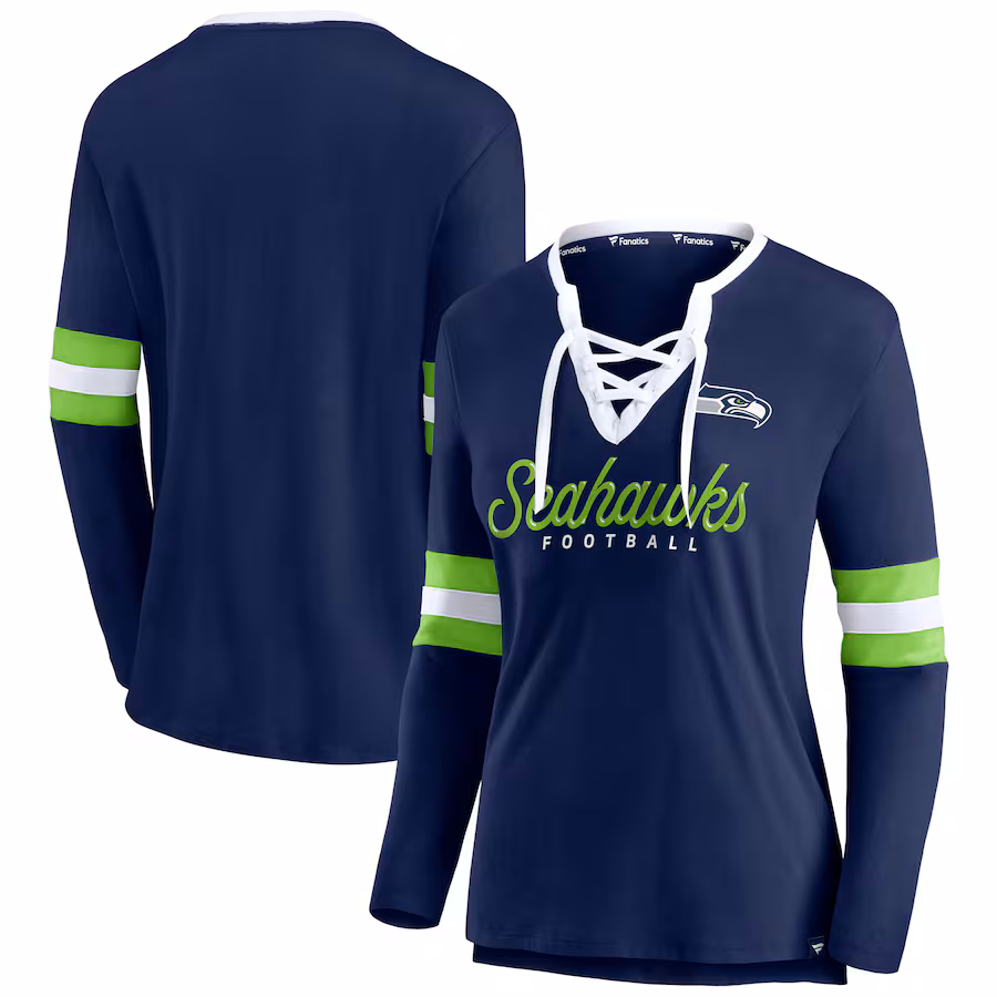 Women's Seattle Seahawks Fanatics College Navy Block Party Team Script Lace-Up Long Sleeve T-Shirt - Jersey