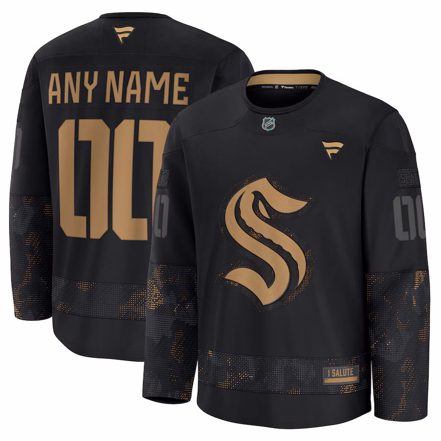 Men's Seattle Kraken Fanatics Black 2024 Military Appreciation Personalized Long Sleeve Practice Jersey - Jersey