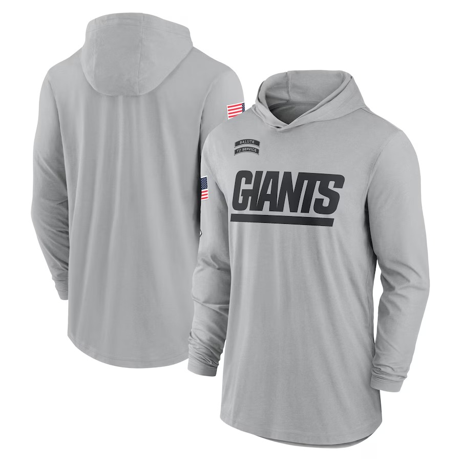 Men's New York Giants Nike Gray 2024 Salute to Service Lightweight Performance Long Sleeve Hooded T-Shirt - Jersey