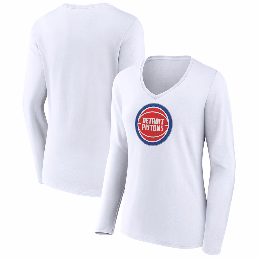 Women's Detroit Pistons White Logo Long Sleeve V-Neck T-Shirt - Jersey