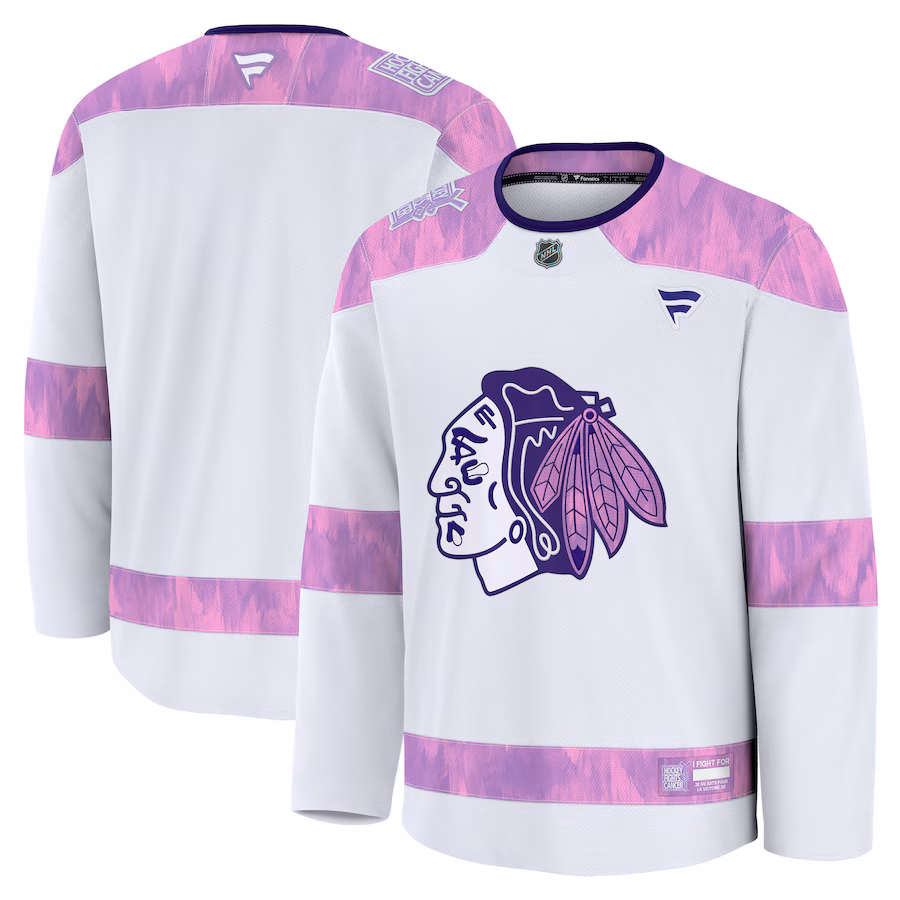 Men's Chicago Blackhawks Fanatics White 2024 Hockey Fights Cancer Practice Jersey - Jersey