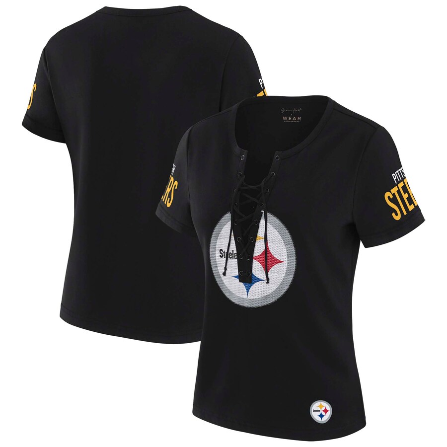 Women's Pittsburgh Steelers WEAR by Erin Andrews x Gracie Hunt Black Draft Me Lace-Up T-Shirt - Jersey