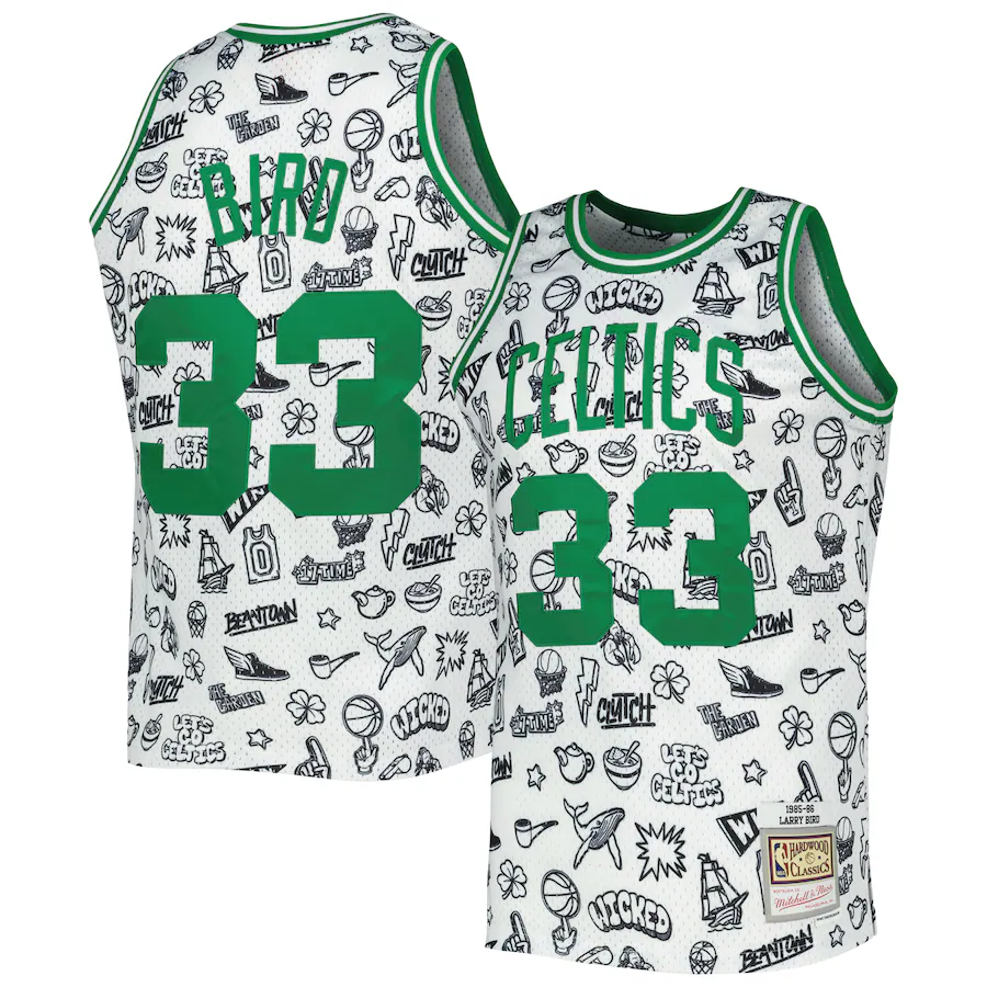 Men's Boston Celtics Larry Bird Mitchell & Ness White 1985/86 Hardwood Classics Doodle Swingman Jersey - Jersey